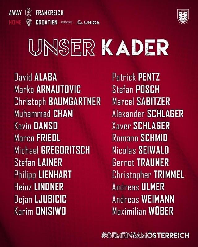 必一体育官网-奥地利24人大名单：阿拉巴领衔，扎比策、阿瑙在列